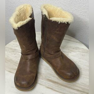 UGG boots leather fur lined men sz 5 distressed brown double buckle